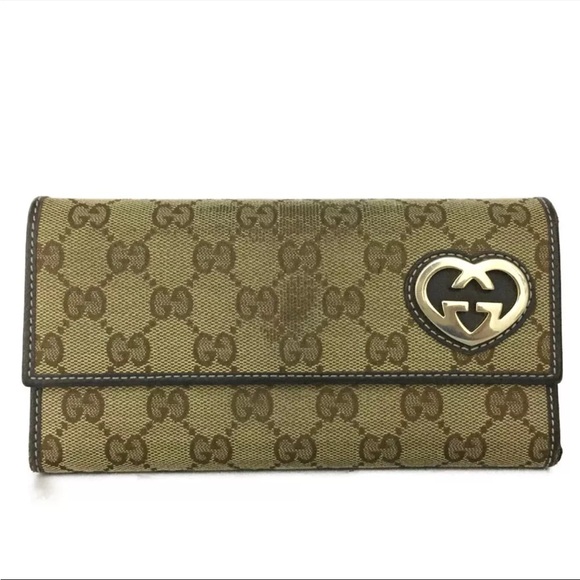 Gucci Handbags - GUCCI Lovely Heart GG Logo Canvas Leather Long Bifold Wallet